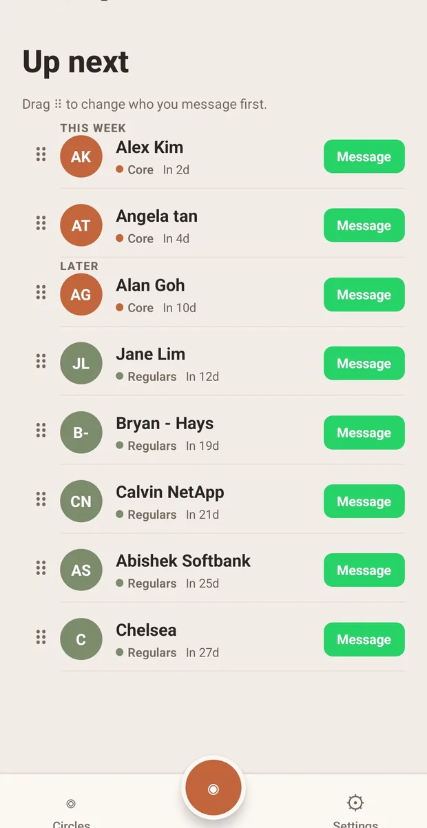 The Kithpace Up next screen, listing who to message and when, each with a Message button.