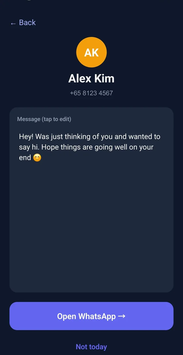 A Kithpace client screen with the message pre-written and an Open WhatsApp button.