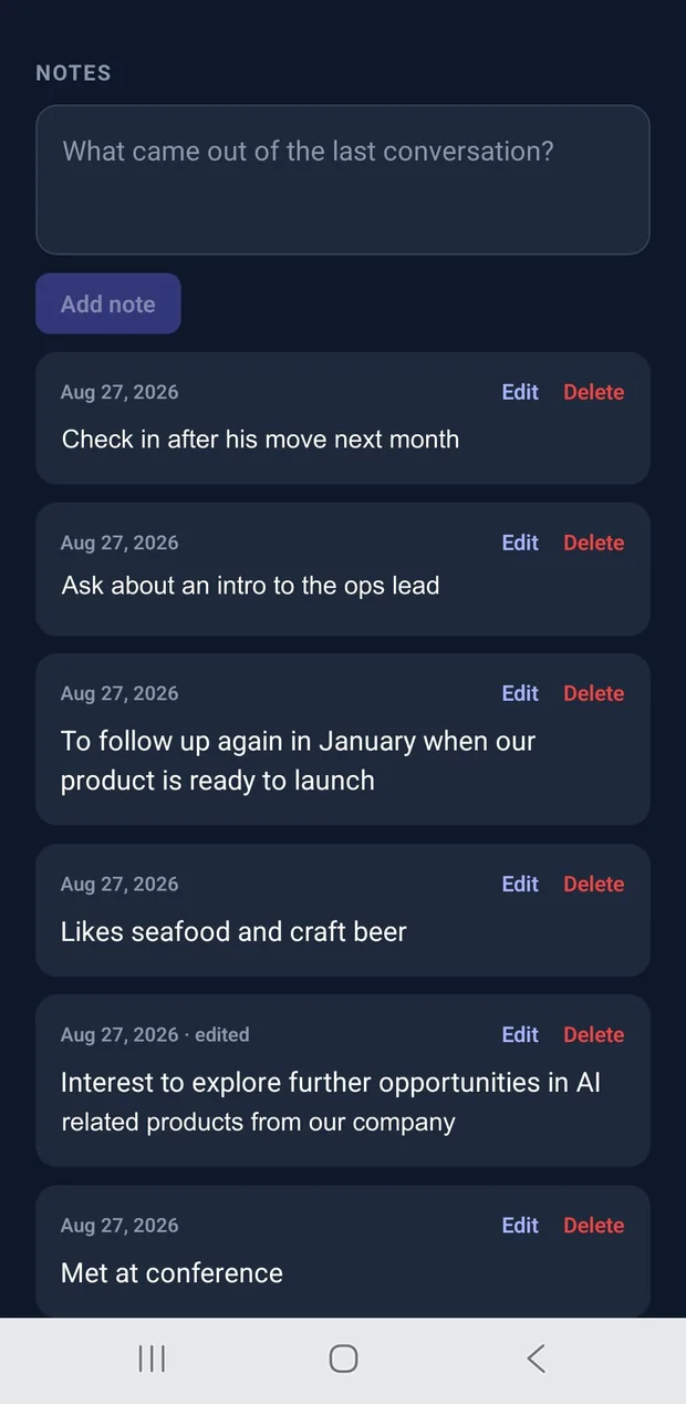The notes screen in Kithpace's business mode: a list of dated notes against one client, each with Edit and Delete.