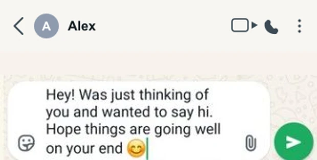 WhatsApp open with the Kithpace message already typed into the compose box, ready to send.